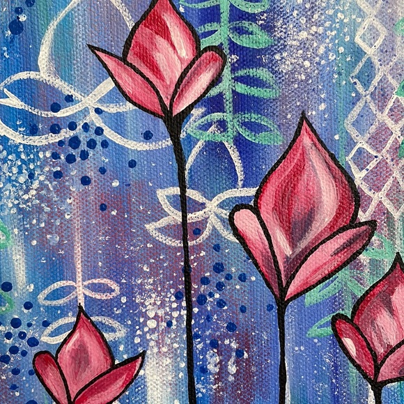 Tulip Lotus Blue Original 8x10 Painting Wall Art - Picture 5 of 5